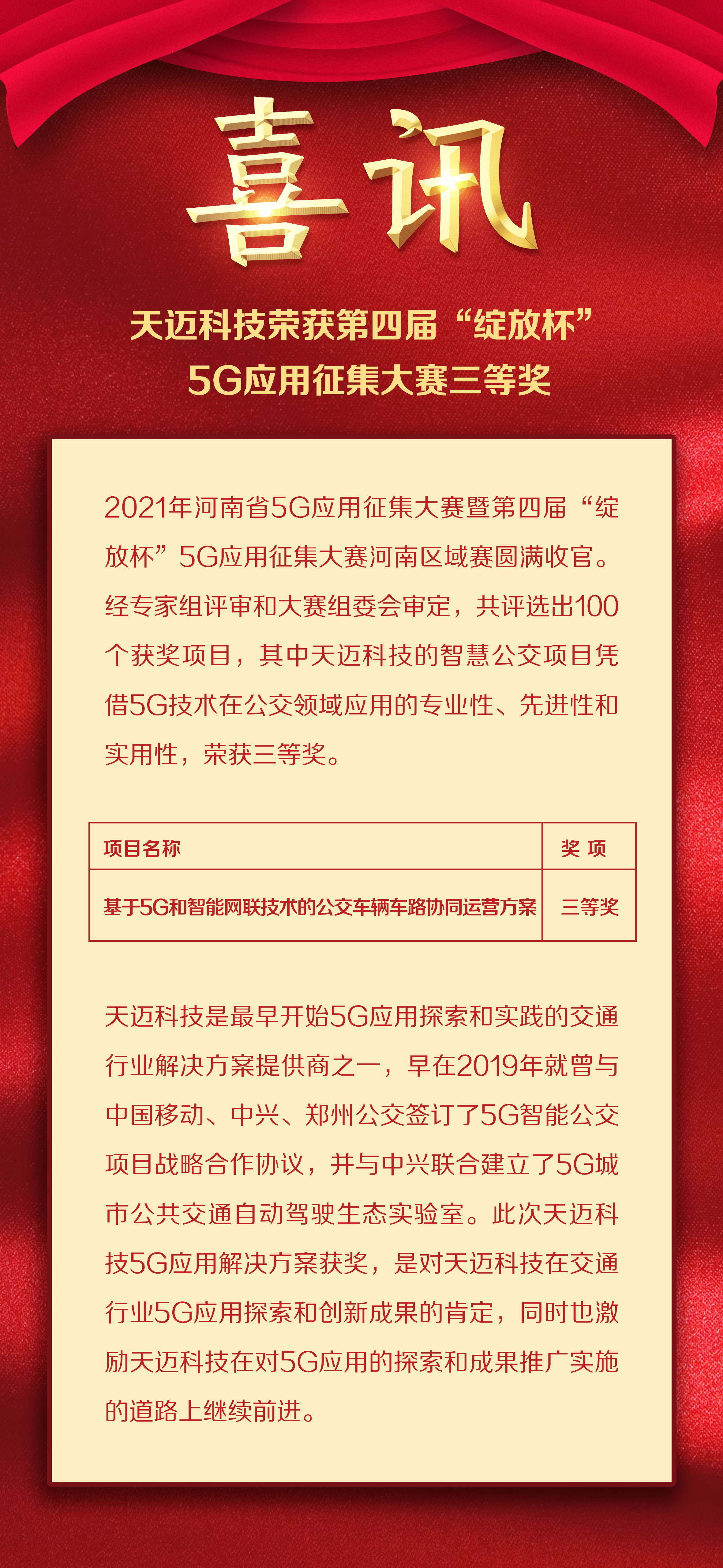 喜訊：天邁科技榮獲第四屆“綻放杯”5G應用征集大賽三等獎